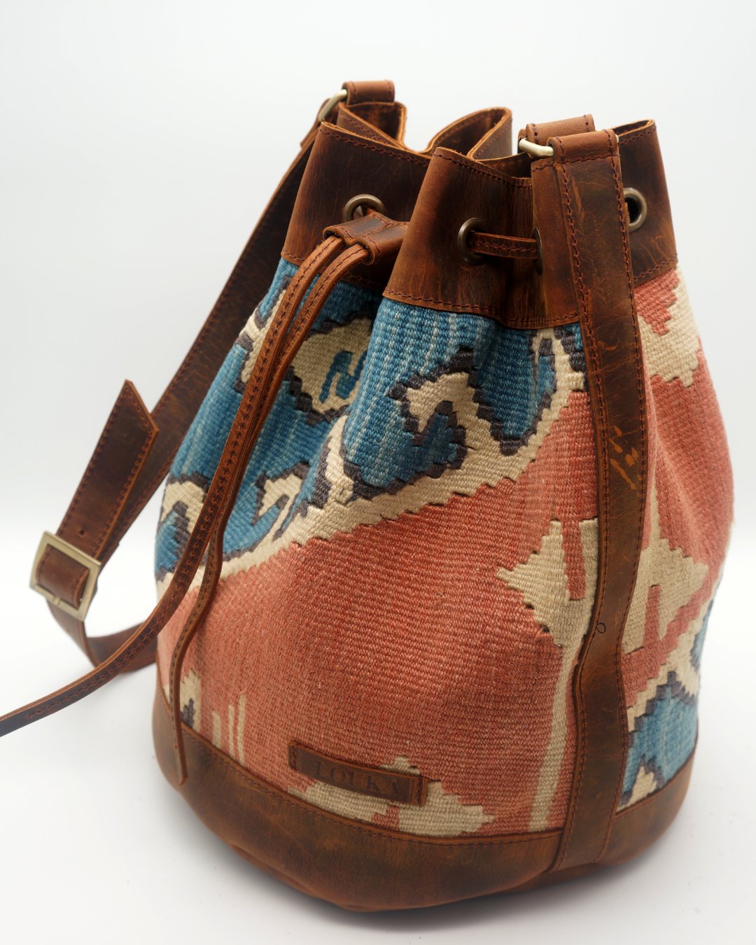 Handmade Kilim Bucket Bag With Genuine Leather LKB02147