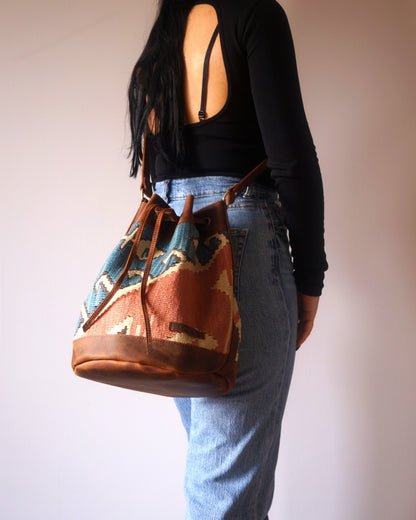 Handmade Kilim Bucket Bag With Genuine Leather LKB02147