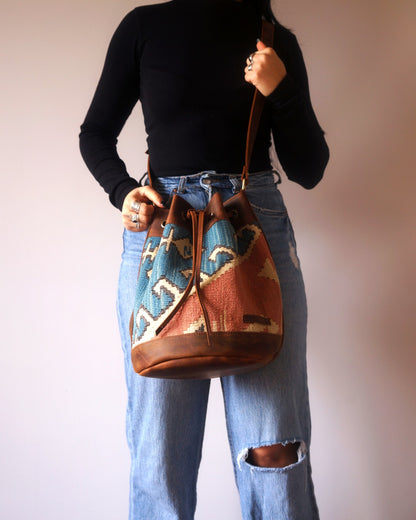 Handmade Kilim Bucket Bag With Genuine Leather LKB02147