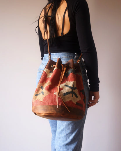 Handmade Kilim Bucket Bag With Genuine Leather LKB02151