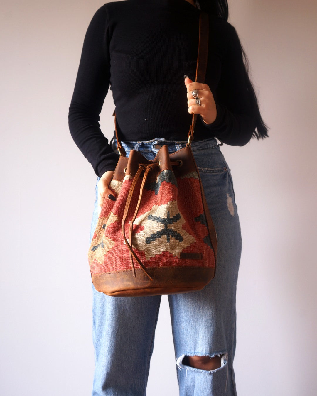 Handmade Kilim Bucket Bag With Genuine Leather LKB02151