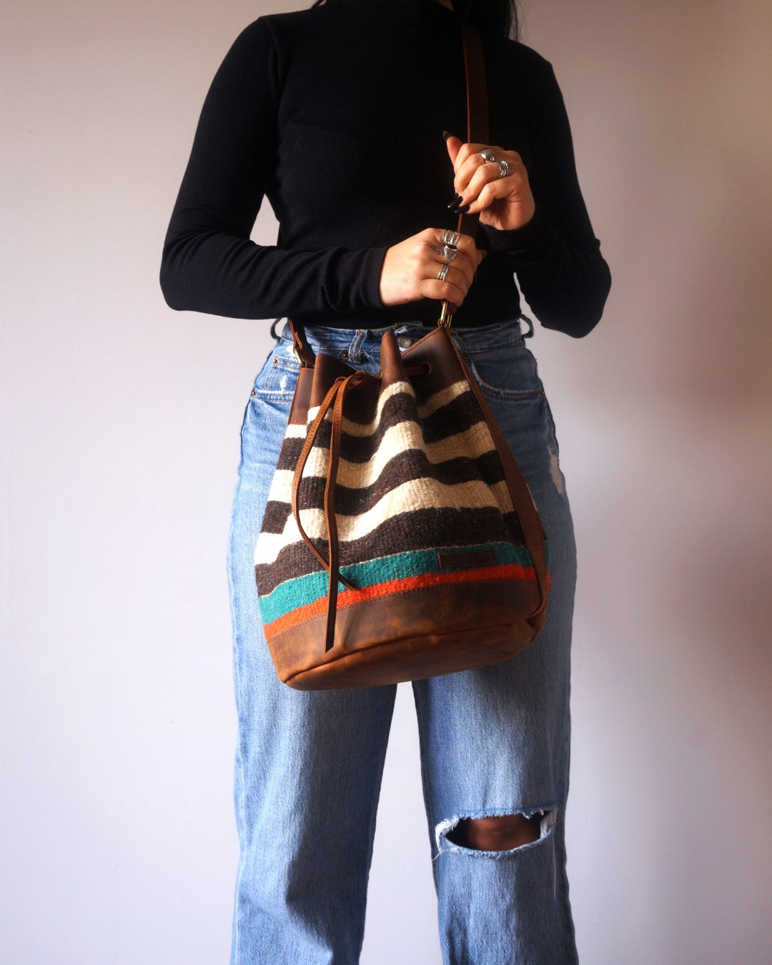 Handmade Kilim Bucket Bag With Genuine Leather LKB02155