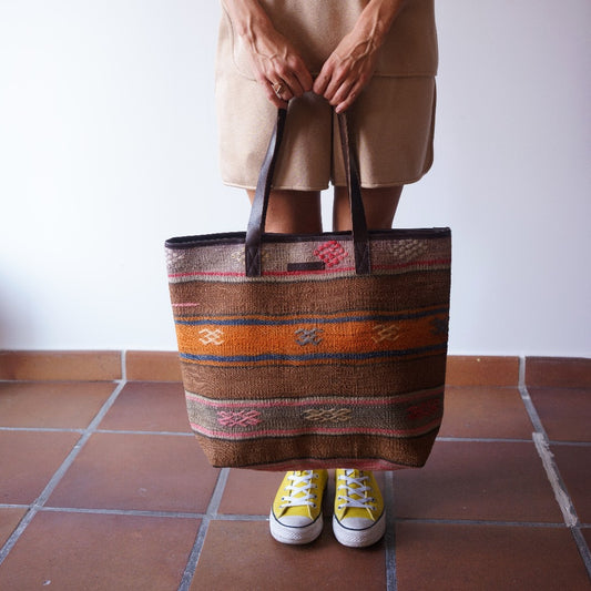 Lato Tote Bag With Genuine Leather, tote bag product photo on model front angle