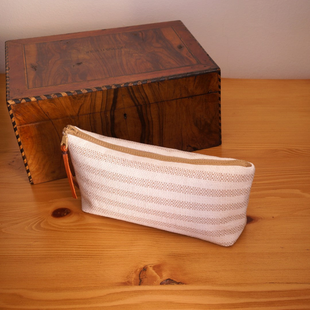 Patara Handwoven Cotton Makeup/Pouch Bag, clutch cosmetic bag angled with decor box