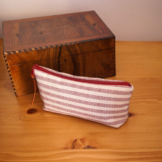 Smyrna Handwoven Makeup/Pouch Bag, clutch cosmetic bag angled with decor box